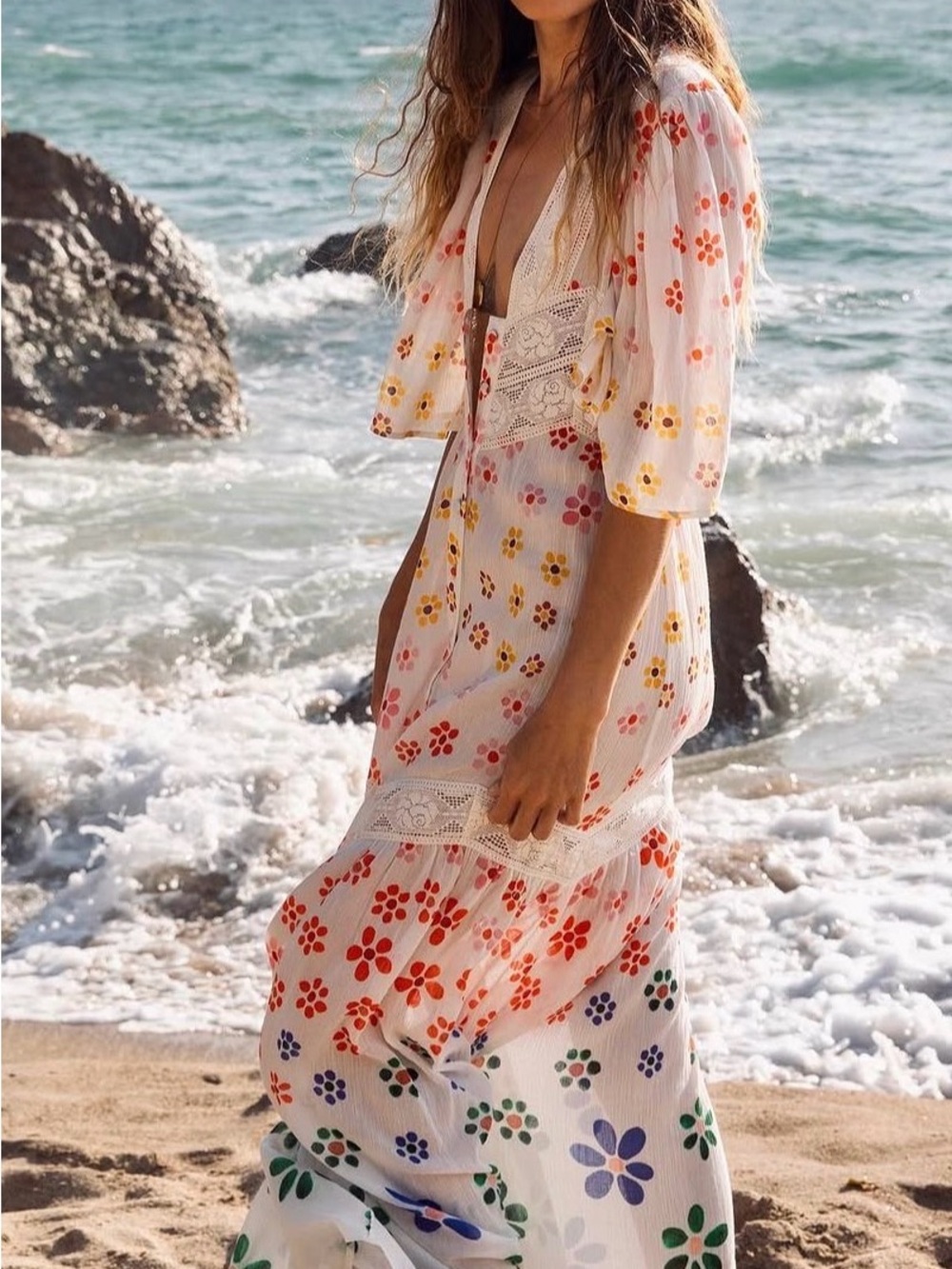 Jens Pirate Booty Muse Maxi Dress XS White Floral Lace Boho Cottagecore Cotton